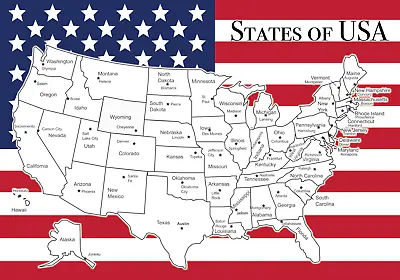 LAMINATED POSTER Learning Kids School Nursery States Of USA America Map 50 • £6.49