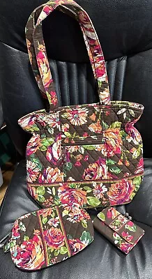 VERA BRADLEY ENGLISH ROSE 3 Piece Set Large Cinch Tote Wallet + Cosmetic Bag • $64.99