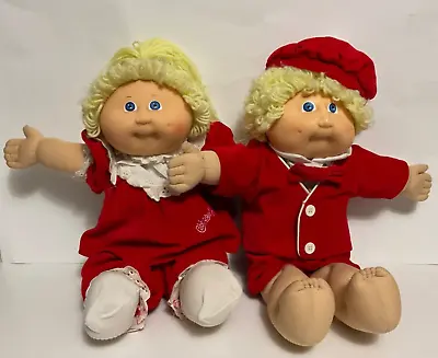 Cabbage Patch Twin Dolls Girl Boy Lemon Blonde Hair Red Velour Outfits • $46