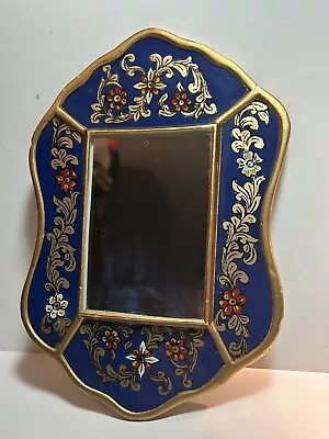 Vintage 70s Handmade Reverse Painted Glass Floral Mirror Peru Cobalt Blue Gold • $44.99