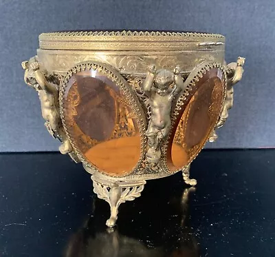 BEAUTIFUL VINTAGE 6 SIDED HEXAGON TRINKET BOX W/ PUTTI’s & TINTED BEVELED GLASS! • $199