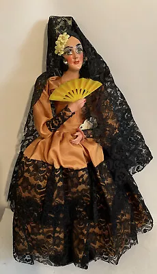 Vtg. Carselle Flamenco Dancer Doll With Fan  Gold And Black Dress • $18.25