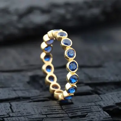 Round Cut Bezel Sapphire Diamond Band Gold Full Eternity Stacking Bridal Band • $89