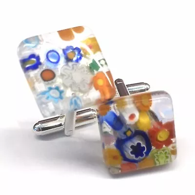 SOMA LINK 'Rainbow' New Unique Square Glass & Silver Murano Millefiori Cufflinks • £17.50