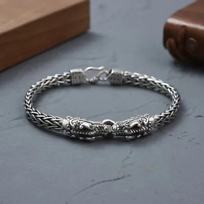 Real 925 Sterling Silver Bracelet Double Dragon Head Thai Silver Men's Bracelet • $83.90