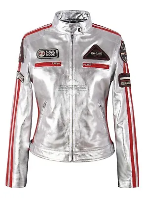 £125.99 • Buy SIZMA Ladies Gold/Silver Foiled Leather Jacket Retro Biker Racer Style Jessica