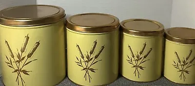 Vintage Decoware Canisters MCM Cattail Tins(4) With Copper Color Lid Yellow • $21