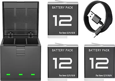 3Pack Hero 12 Battery And Charger Bundle For Gopro Hero 12 11 10 9 Camera Black • $36.99