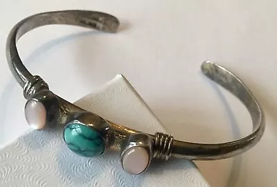 Vintage Sterling Silver Turquoise & Abolone Cuff Bracelet Signed T Wilson • $95