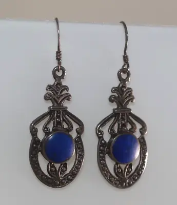 Dangling Sterling Silver Lapis Marcasite Earrings Vintage • $19.50