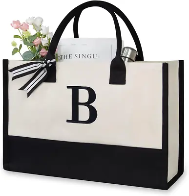 Personalized Initial Canvas Beach Bag Monogrammed Gift Tote Bag For Women • $23.78