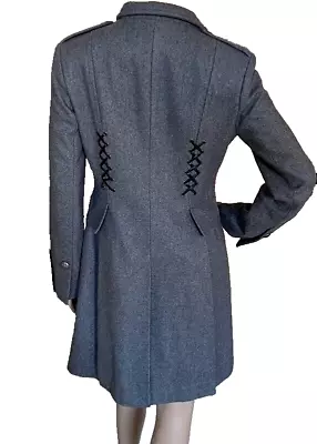 Moda Int'l Womens Gray Wool Mid Length Coat Faux Leather Lace Up Back Sz 2 • $55