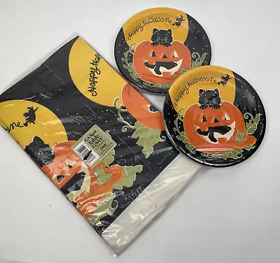 Halloween Paper Plates And Tablecloth CA Reed Black Cat Jack O Lantern Vintage • $35