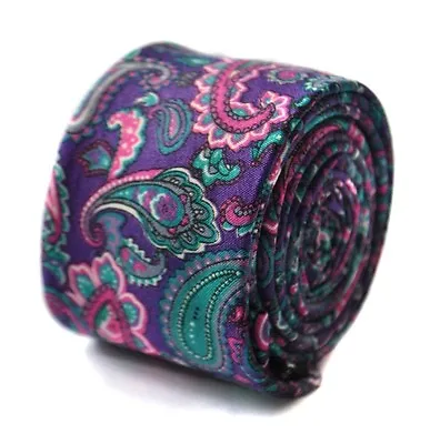 Frederick Thomas Designer Linen Mens Tie - Purple Pink Turquoise Paisley Skinny • £15.99