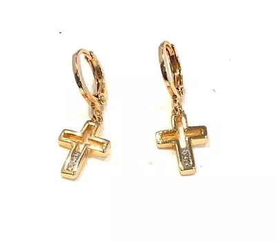 Cute New 14k Gold Filled 14mm Huggie Mini Hoop Dangle Cross Earrings • $5.35