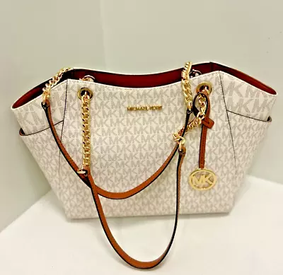 Michael Kors Large Chain Mk Signature Tote Handbag Bag Purse Shoulder Vanilla • $129