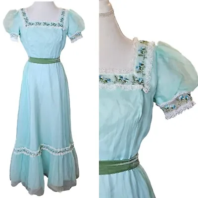 70s S Light Blue Prairie Southern Bell Gown Dress Square Neck Lace Puff Sleeve • $99.99