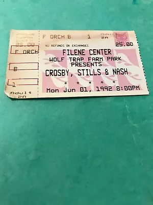 6/1/1992 Vintage CrosbyStills And  Nash Ticket Stub Wolf Trap Vienna VA • $10