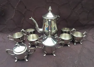 Vintage Metal Nickel Teapot Set 6 Cups Sugar Bowl • £40.48