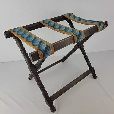 Vtg Wood Needlepoint Luggage Suitcase Rack Hotel Holder Folding Blue Gold Fold U • $75