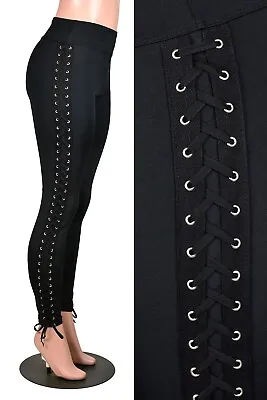 Black Side Lace-Up Leggings Athletic Poly Spandex Plus Size Corset Pants Gothic • £90.72