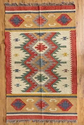 Rug Handmade Kilim Jute Wool Vintage Carpet Living Room Hallway Dinning Area Rug • $116.40