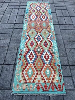Handmade Afghan Hallway Runner Wool Kilim 296 X 80 Cm Hand Woven Tribal Wool Rug • $360