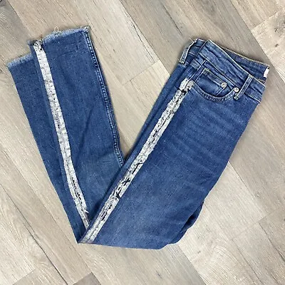 H&M Jeans Womens 27 Blue High Rise Skinny Metallic Stripe Raw Hem Ankle Stretch • $14.98
