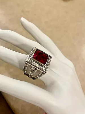 Vintage Ruby Red Garnet Square Ring Sterling Silver 925 7 Huge Women’s Intricate • $123