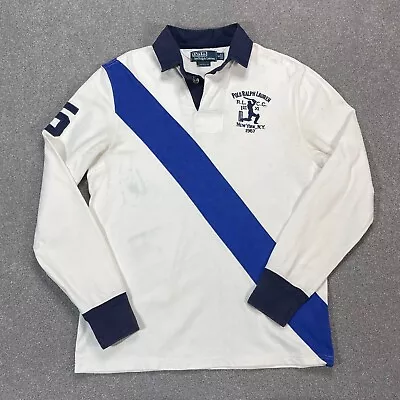 Polo Ralph Lauren Shirt Adult Small White Blue Cricket 1967 Rugby Striped Mens* • £26.99