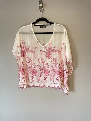 $35 • Buy Dolce Cabo Oversized Crop Top Embroidery OS Vacation Cotton Silk Pink White