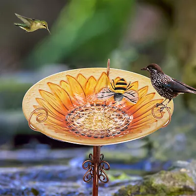 Glass Pedestal Bird Bath For Outdoor Garden Wild Bird Feeder W/ Metal Stake • $25.91