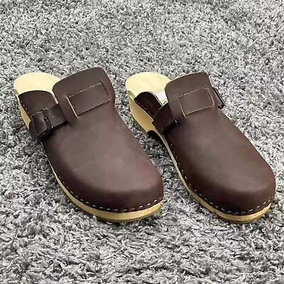 Simson Dutch Leather Wood Clogs Womens 45 Open Ranch Met Gesp Stitching Holland • $34.95