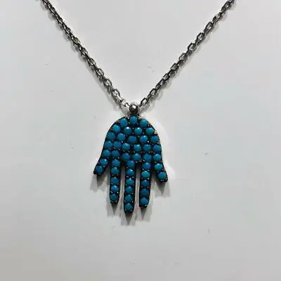 Platinum Sterling Silver Blue Turquoise Hamsa Hand Of God Layered Style Necklace • £36.10