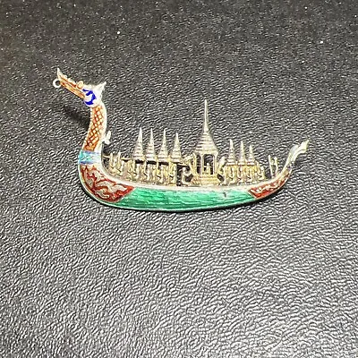 Vintage Siam Sterling Silver Dragon Ship Pin Brooch Enameled Viking Boat • $14.99