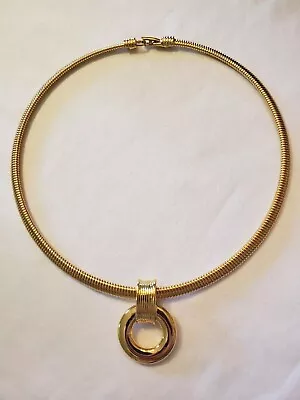 MONET Vtg Choker Necklace In Shiny Gold Tone With Embossed Bail & Circle Pendant • $27