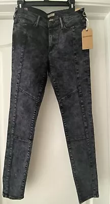 NEW $248 TRUE RELIGION HALLE BLACK ACID WASH PANELED MOTO SKINNY JEANS 28 X 30 • £77.11