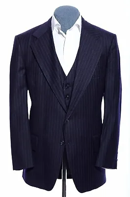 44R Vintage 70s Navy-Blue Pinstriped Wool Wide-Lapel Blazer Jacket & Vest Set XL • $88