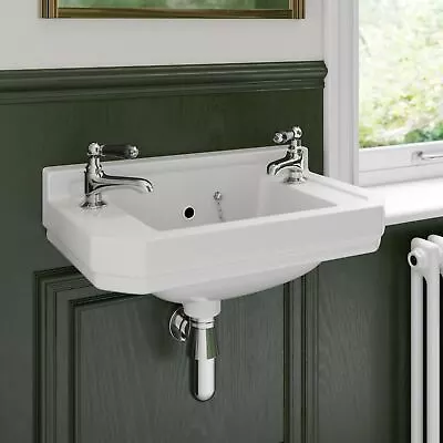 Wall Hung Bathroom Sink Basin White Gloss Traditional 2 Tap Hole Cloakroom • £89.99