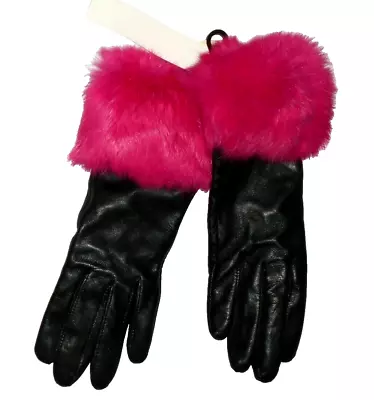Aqua Women's Rabbit Fur Cuff Black Leather Tech Gloves- Size 7 • $56.95