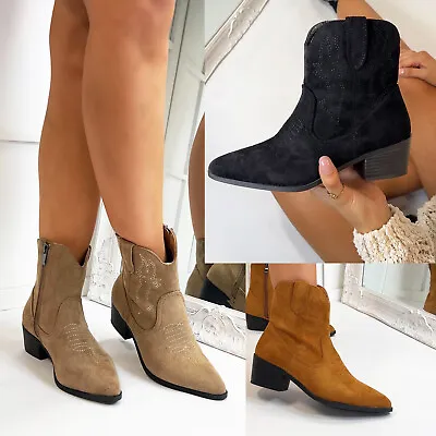 New Womens Embroided Western Pointed Toe Cowboy Ankle Boots Zipped ShoeSizes 3-8 • £22.50