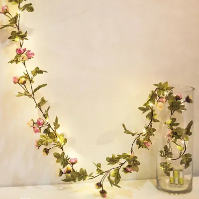 200cm 20 LED Artificial Rose Flower Leaf Garland String Lights Battery Operated • £8.39