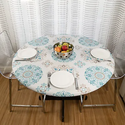 $15.99 • Buy Round Vinyl Tablecloth Fitted Elastic Flannel Backed Table Cover Waterproof PVC