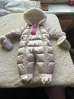 Ted Baker Baby Girl Pale Gold Snowsuit Pramsuit Mitten Fur Trim Hood Newborn New • £28