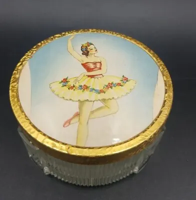 Vintage Glass Vanity Powder Jar Ribbed W/Tulips And 50 S Ballerina On Lid • $24.99
