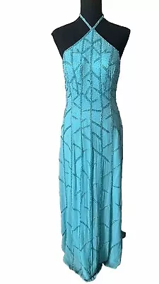 Tiffany Design Beaded Turquoise 100% Silk Sheath Halter Formal Dress Size 6  VTG • $59.88