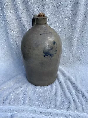 1870s  Primitive STONEWARE JUG *F. WOODWORTH* BURLINGTON VT  Cobalt Salt Glazed • $395.95