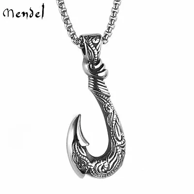 MENDEL Mens Hawaiian Fishing Fish Hook Pendant Necklace Stainless Steel Jewelry • $11.99