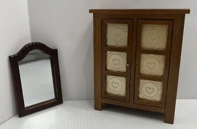 Vtg Dollhouse Miniatures Pie Safe Cabinet Tin Door Panels & Wood Mirror-Lot Of 2 • $22.45