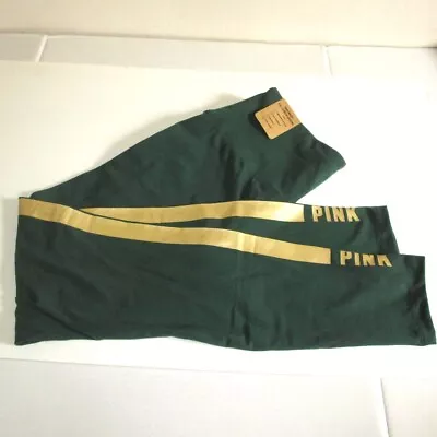 Victoria's Secret PINK Cotton High Waist Leggings Size XL Green Gold Foil Stripe • $24.95